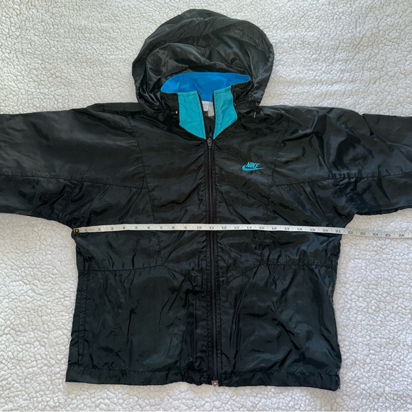 VTG NIKE 90s hooded windbreaker jacket track zipper pockets blue teal black S - Picture 7 of 12